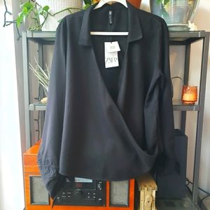 Zara surplice neckline black Tencel top, NWT
